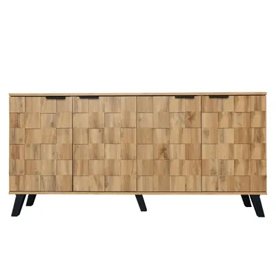 Bufet modern cu 4 uși, model geometric al texturii lemnului, spațiu generos de depozitare, 160,5x35,5x78 cm, Culoare naturală