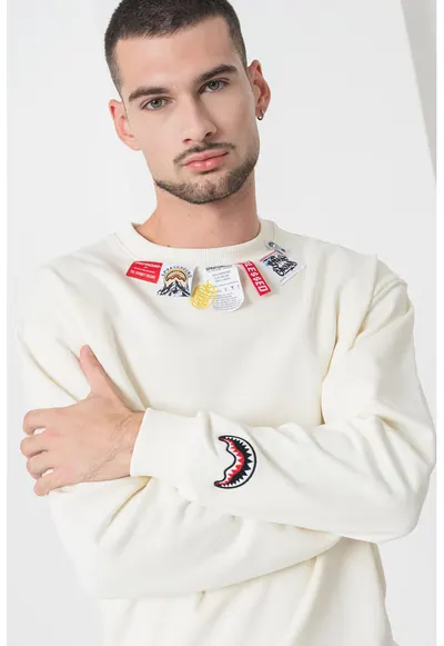 Bluza de trening din bumbac - decorat cu etichete - Alb fildes