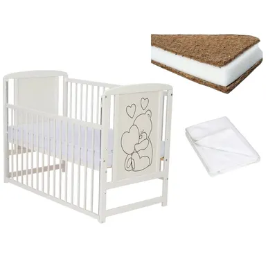 Set Patut din lemn bebe 120x60 cm, Saltea Cocos Confort II si Protectie impermeabila Qmini