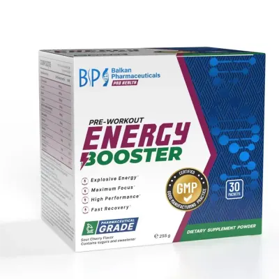 Supliment Pre-workout, Balkan Pharmaceuticals, Energy Booster, 30 plicuri, aromă vișine