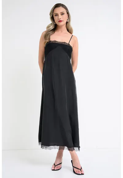 Rochie vaporoasa cu garnituri de dantela Ridar - Negru