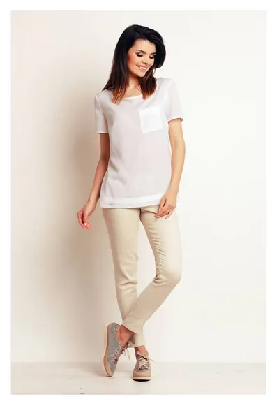 Bluza Casual Lejera De Dama - Alb Imaculat - Design Minimalist Modern Prevazut Cu Buzunar Aplicat - Material Premium Calitativ Cu Elastan - Maneci Scurte - Croiala Confortabila Ideala Pentru O Tinuta De Zi Versatila Si Chic - Lux - Alb