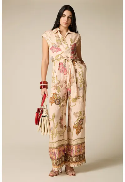 Salopeta lunga cu model floral si buzunare laterale - Kaki pal/Bej sampanie/Nude rose