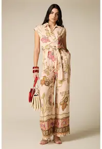 Salopeta lunga cu model floral si buzunare laterale - Kaki pal/Bej sampanie/Nude rose