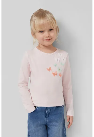 Bluza cu decolteu rotund si aplicatii cu fluture - Alb/Verde/Roz