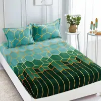 Cearsaf / Husa cu Elastic Cocolino 180x200cm si 2 fete de perna 50x70cm, Verde, forme geormetrice