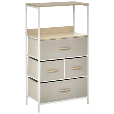 HOMCOM Comodă cameră mobilier de depozitare comodă 4 sertare din țesătură pliabile și detașabile cu rafturi deschise și cadru de metal, comodă pentru sufragerie, cameră, intrare, gri deschis | Aosom Romania