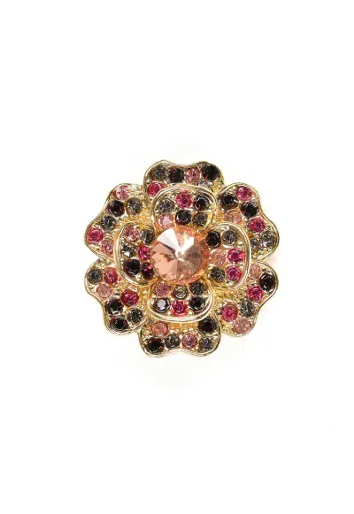 Brosa martisor floare aurie cu pietre roz si negre
