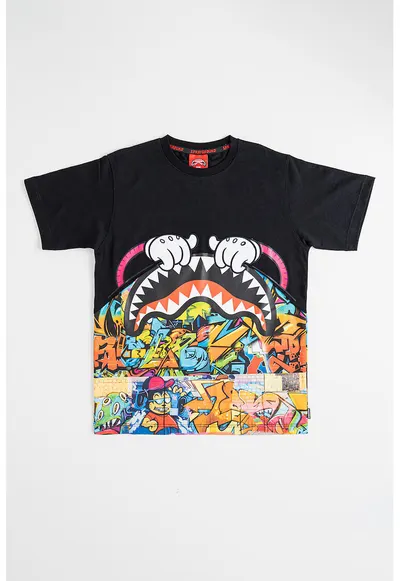 Tricou cu decolteu la baza gatului si imprimeu grafic - Negru/Multicolor