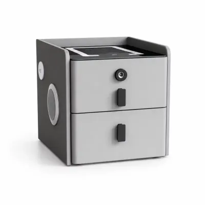 Noptiera inteligenta slim cu incarcare wireless, iluminare LED, difuzor Bluetooth, port USB & Type-C si sistem cu amprenta – culoare gri antracit, 2 sertare, design modern din sticla si lemn