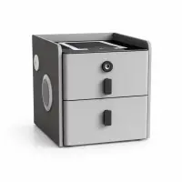 Noptiera inteligenta slim cu incarcare wireless, iluminare LED, difuzor Bluetooth, port USB & Type-C si sistem cu amprenta – culoare gri antracit, 2 sertare, design modern din sticla si lemn