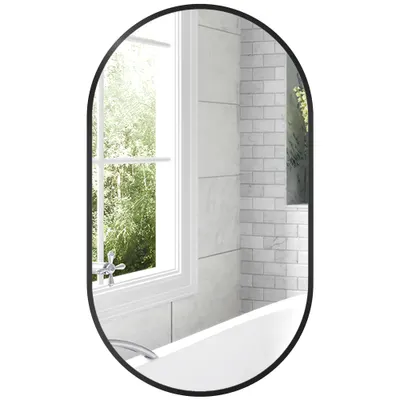HOMCOM Oglindă ovală murală cu cadru din aluminiu stil minimalist montaj vertical sau orizontal cu 3 cârlige 40 x 70 cm negru | Aosom Romania