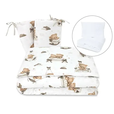 Lenjerie patut cu 5 piese, MimiNu, Pentru patut 120x60 cm, Cu pilota si perna, Din bumbac certificat Oeko Tex Standard 100, Tedy bear dreams beige