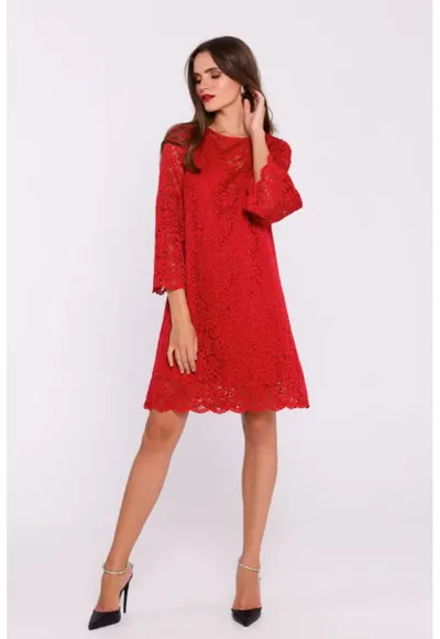 Rochie dantelata in doua straturi - tip trapez - Rosu