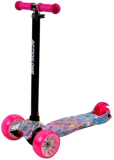 Trotineta Rider Sweet Dreams Unicorns cu roti luminoase si late, Action One, Roz