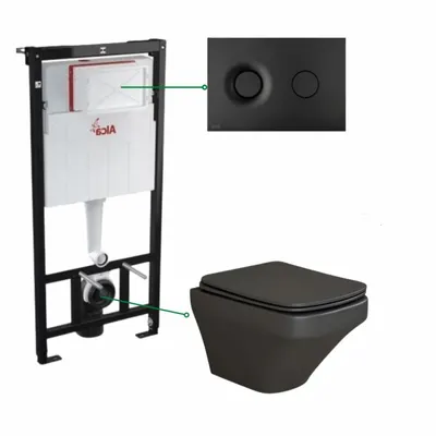 Set vas wc suspendat negru mat,rimless, Foglia Bristol si rezervor incastrat cu clapeta de actionare negru mat, Alcadrain