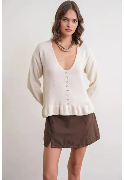 Pulover dama - Decolteu in V - Crem - Tricot