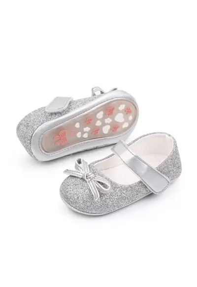 Pantofi Cu Sclipici Si Fundita - Elegant - Piele ecologica - Fete - Velcro - Argintiu