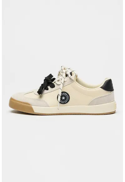 Pantofi sport cu piele intoarsa si insertii din piele - Crem