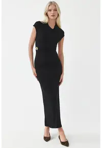 Rochie Midi neagra - jerseu - cu accesoriu din pietre