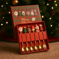 Set 6 Lingurite si Furculite Inox Craciun, Modele Festive cu Ren, Brad - Default Title