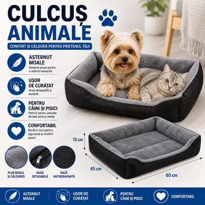 Culcus pentru animale, Dreptunghiular, Interior calduros, Umplutura moale, Dimensiune Exterioara 60x45 cm
