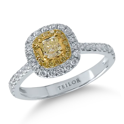 Inel din aur alb-galben cu diamante galbene cushion si rotunde de 0.4ct si diamante transparente de 0.4ct