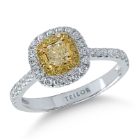 Inel din aur alb-galben cu diamante galbene cushion si rotunde de 0.4ct si diamante transparente de 0.4ct