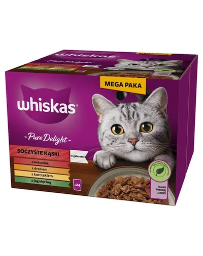 WHISKAS Adult Pure Delight 24x85 g Juicy Jellied Bites cu carne de vita, pui, miel, pasare pentru pisici adulte