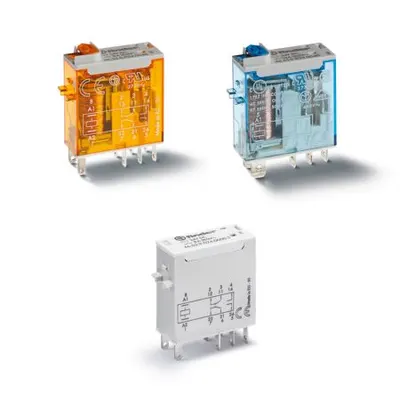 Releu industrial miniaturizat - 2 contacte, 8 A, C (contact comutator), 12 V, Standard, C.C., AgNi, Terminale lamelare pentru lipire (2.5x0.5)mm, Buton de test blocabil + indicator mecanic