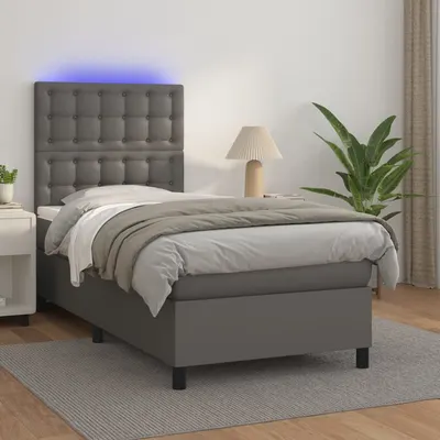 vidaXL Pat cu arcuri, cu saltea și LED, gri, 100x200 cm, piele eco