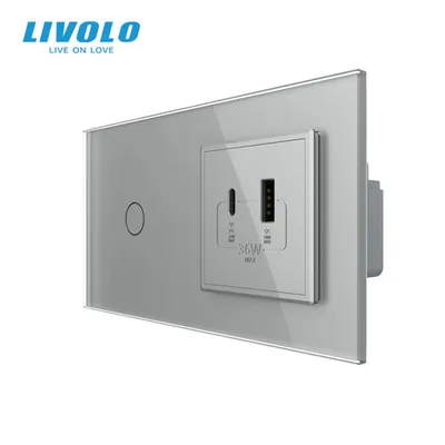 Intrerupator simplu + priza USB tip A si tip C, generatia noua, cu rama sticla Gri