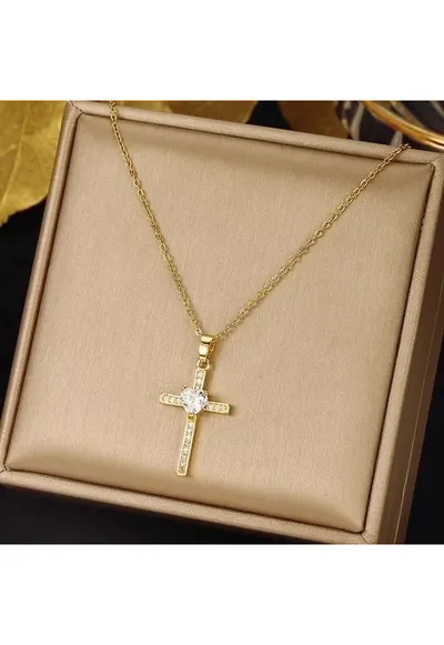 Colier auriu - din otel inoxidabil - suflat cu aur 18k - cu cruciulita si pietre din zirconiu - Indira C4