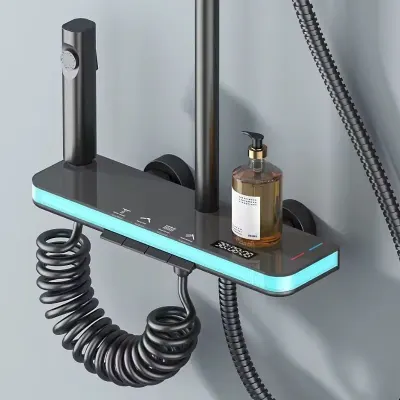 Coloana de dus multifunctionala cu para fixa, dus de mana, baterie digitala si suport pentru produse