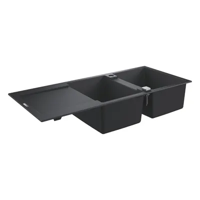 Chiuveta compozit Grohe K500 31647AP0, 116 x50 cm, reversibil, 2 cuve, montare pe blat, evacuare automata, Kit montaj si evacuare inclus, Negru granit