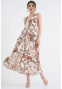 Rochie midi cu volane si model - Maro/Bej/Roz pal