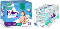Scutece Pufies Sensitive - Mărimea 6, 13+ kg, 126 buc + șervețele umede Pufies Clean Care, 12 х 64 buc