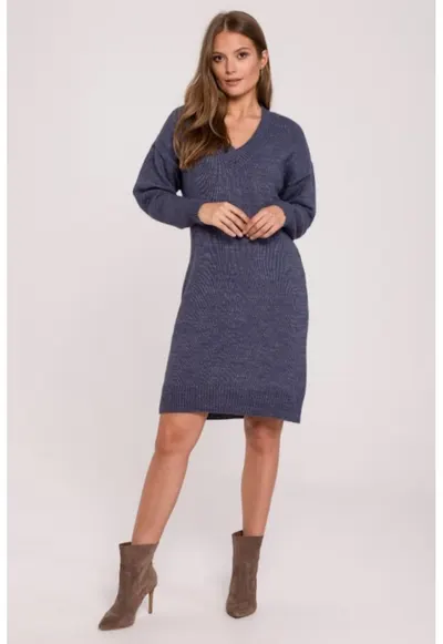 Rochie tip pulover cu decolteu in V - - Albastru