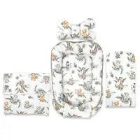 Set 4 in 1 Cosulet bebelus, Qmini, Baby Cocoon 75x55 cm, Din bumbac certificat Oeko Tex Standard 100, Cu paturica, Cu salteluta, Cu perna fluture, Safari