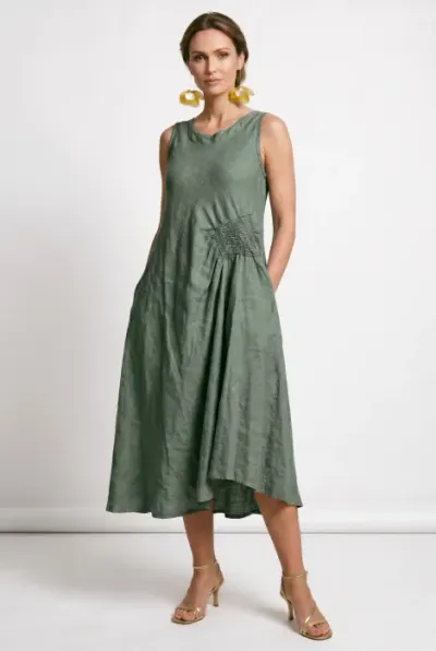 Rochie midi, asimetrica, din in, cu croiala ampla A-line si detaliu drapat, kaki