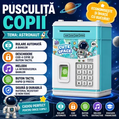 Pusculita pentru copii tip seif, Cod pin si amprenta, Muzica, Rulare automata a banilor, Cute Space, Bleu