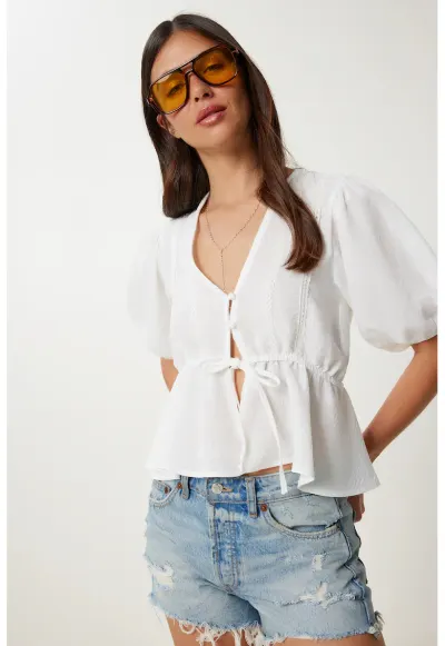 Bluza dama - Happiness Istanbul - decolteu in V - maneca scurta - dantela - Ivory Natural - poliester