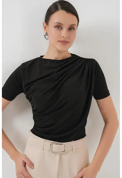 Bluza dama - Poliester/Elastan - Negru - Guler rotund