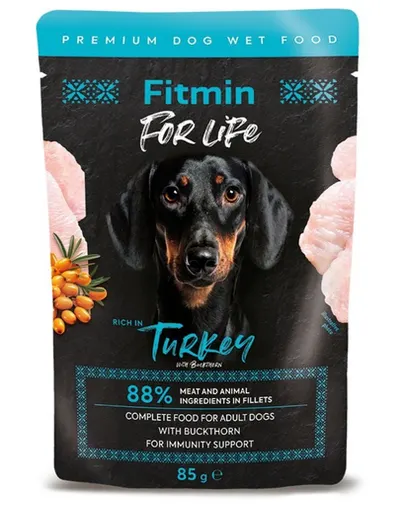 Fitmin For Life Dog Adult Turkey with Sea Buckthorn Hrană completă pentru câini adulți cu curcan și cătină 85 g