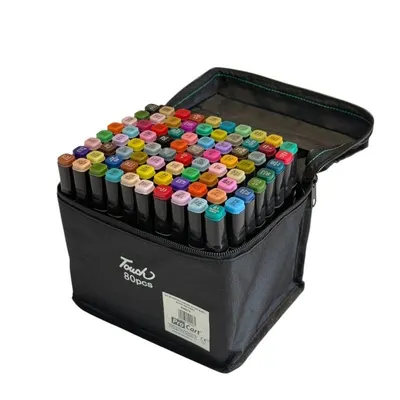 Set 80 markere colorate cu varf dublu, geanta depozitare Engros