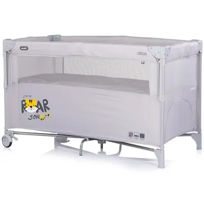 Patut pliabil Chipolino Relax Tiger Platinum cu laterala culisanta, 2 nivele, intrare laterala, geanta pentru transport, greutate admisa 15 kg