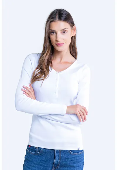 Bluza striata cu fenta cu nasturi - Alb
