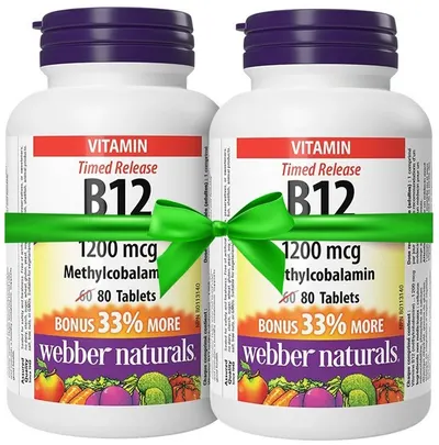 Vitamin В12, 1200 mcg, 2 x 80 tablete cu eliberare prelungită, Webber Naturals