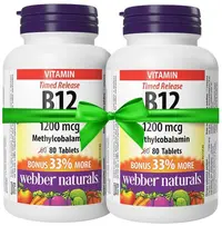 Vitamin В12, 1200 mcg, 2 x 80 tablete cu eliberare prelungită, Webber Naturals
