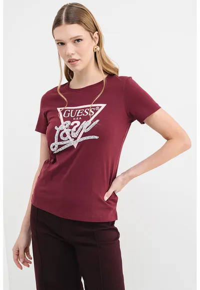 Tricou din bumbac cu imprimeu logo si aplicatie cu margele - Violet pruna